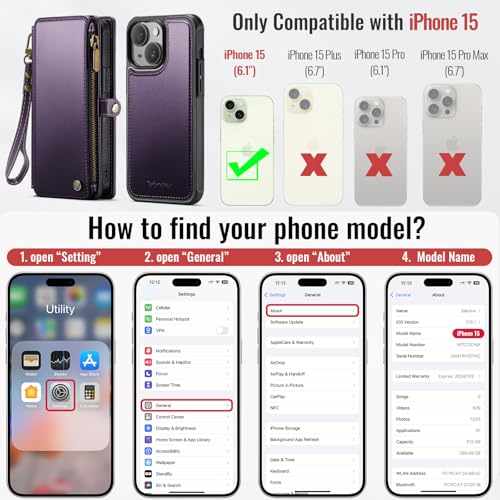 Defencase for iPhone 15 Phone Case Wallet Compatible with Magsafe, Purple | Magnetic Detachable, Drop-Proof Protective Wallet Cases Cover, with RFID Bolcking Card Holder, Zipper Strap, Soft PU Leather - color: (Detachable with Magsafe)-Purple
