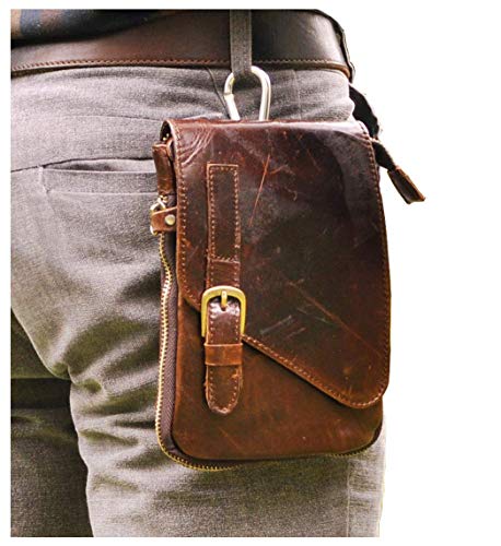 Le'aokuu Mens Genuine Leather Small Messenger Shoulder Satchel Phone Pouch Belt Waist Bag Pack - color: Coffee