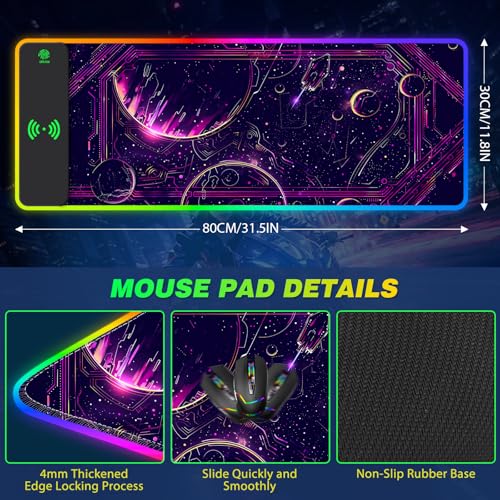 AIMSA Wireless Charging,15W Wireless Fast Charging with Mouse Pad, Large Keyboard RGB Mouse Pad with 14 LED Light Modes, Non-Slip Desk Pad, Purple Planet - color: Purple Planet
