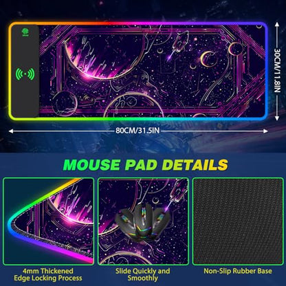 AIMSA Wireless Charging,15W Wireless Fast Charging with Mouse Pad, Large Keyboard RGB Mouse Pad with 14 LED Light Modes, Non-Slip Desk Pad, Purple Planet - color: Purple Planet