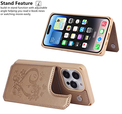 iCoverCase Compatible with iPhone 14 Pro Wallet Phone Case with Card Holder for Women, RFID Blocking Embossed PU Leather Wrist Strap Case 6.1 Inch (Heart Gold) - color: H-Gold