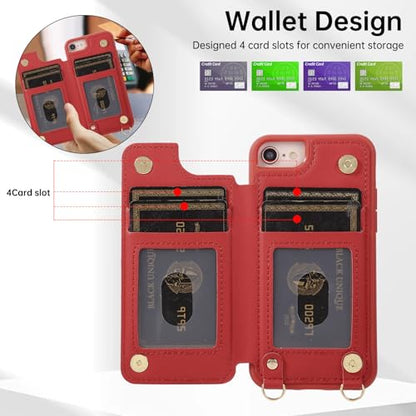 for iPhone 7/8/SE 2022/SE 2020 Wallet Case with Card Holder Slots and Strap, RFID Blocking Magnetic Flip Folio Cover, Crossbody Purse Protection Case with Kickstand,Red Diamond - color: Red Diamond, size: iPhone 7/8/SE 2022/SE 2020(6.6")