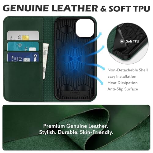 SHIELDON Genuine Leather Case Wallet for iPhone 13 6.1", Midnight Green | Folio Magnetic Closure, RFID Blocking, Credit Card Holder, Kickstand, Shock Absorbing Protective Cover - color: Midnight Green