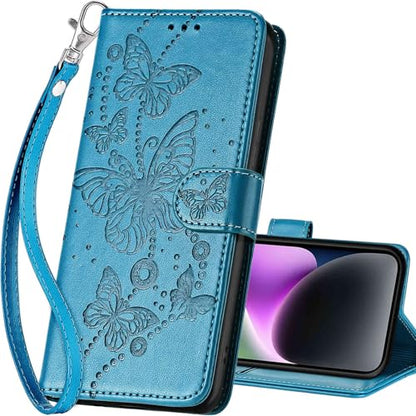 for iPhone 15 Plus Wallet case, Blue-Butterfly | 3 Card Holders, Kickstand, Shockproof TPU Shell, PU Leather, Magnetic Closure, Protective Flip Folio Cover, Women - color: 8