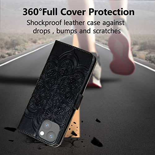 EYZUTAK Case for iPhone 14 Plus, Premium PU Leather Magnetic Flip Wallet Case with Card Holder Cash Slot Lanyard Strap Kickstand Function Embossed Mandala Flower Pattern Shockproof Cover - Black - color: Black, size: iPhone 14 Plus