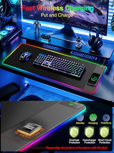 Wireless Charging Mouse Pad Gaming, 31.5"x15.8" Large Desk Mat, Waterproof - color: RGB-31.5"x15.8"-Right