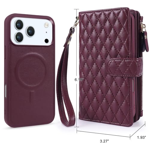 for iPhone 17 Pro Case Wallet,Compatible with MagSafe 2 in 1 Magnetic Detachable PU Leather RFID Blocking Wallet Cover Card Holder Zipper Wrist Strap Lanyard,Quilted Wine Red - color: Quilted Wine Red, size: iPhone 17 Pro