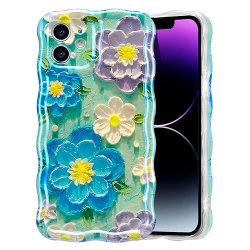 EYZUTAK Case for iPhone 11, Colorful Retro Oil Painting Flower, Blue Purple | Laser Glossy Floral Pattern, Cute Curly Wave Edge, Exquisite Phone Cover, Stylish Durable TPU Protective Case for Girl Women - color: Blue Purple, size: iPhone 11