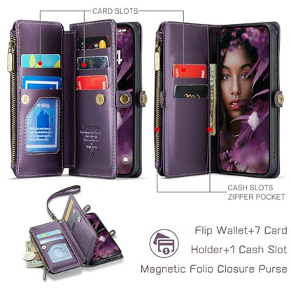 Defencase for Samsung Galaxy S24 Wallet Case with RFID Card Holder, Purple | Durable Soft PU Leather, with Zipper Pocket, Wrist Strap, Fashion Snap Flip S24 Phone Cases Cover with Stand for Women Men - color: Purple