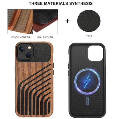 TENDLIN Magnetic Case Compatible with iPhone 14 Case Wood Grain with Carbon Fiber Texture Design Leather Hybrid Slim Cover (Compatible with MagSafe) Hairline - color: Magnetic Hairline, size: iPhone 14