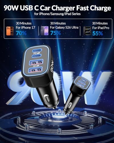 Car Charger USB C, 90W 4-Port Cigarette Lighter USB Charger Adapter, 2 Pack - style: 2-Pack