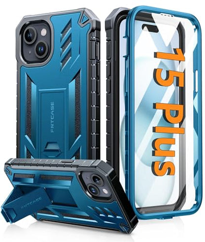 FNTCASE for iPhone 15 Plus Case, Built-in Screen Protector, Kickstand Blue | Military-Grade Drop Protection, Anti-Slip Matte Textured, Rugged Heavy Duty Shockproof TPU Protective Cover - color: Blue