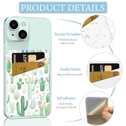 CREATCABIN Cactus Phone Card Holder Leather Cell Phone Wallet Stick on Adhesive Credit Card Holder Slim Double Pocket Sticker for Back of Phone Case Compatible with Most Phones 3.7 x 2.5 Inch - style: Cactus
