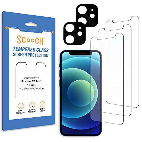 Scooch® Tempered Glass Multipack for iPhone 12 Mini, 3 Screen Protectors and 2 Camera Lens Protectors, Premium 9H Tempered Glass, Anti-Scratch, Anti-Fingerprint, Impact Resistant - size: iPhone 12 Mini