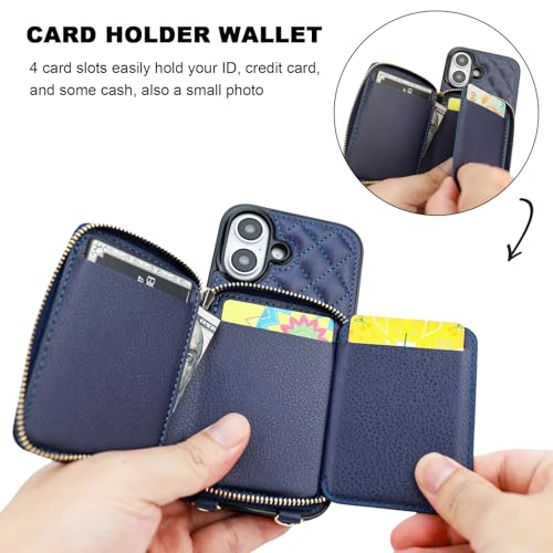 Bocasal Crossbody Wallet Case Card Holder for iPhone 16, Dark Blue | RFID Blocking PU Leather Zipper Handbag Purse, Kickstand Flip Folio Case with Card Slots Holder Wrist Strap Lanyard 6.1 Inch - color: Dark Blue
