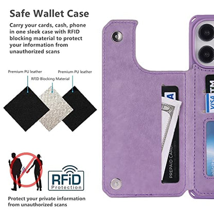 iCoverCase Compatible with iPhone 14 Pro Max Wallet Phone Case with Card Holder for Women, RFID Blocking Embossed PU Leather Wrist Strap Case 6.7 Inch (Heart Purple) - color: H-Purple