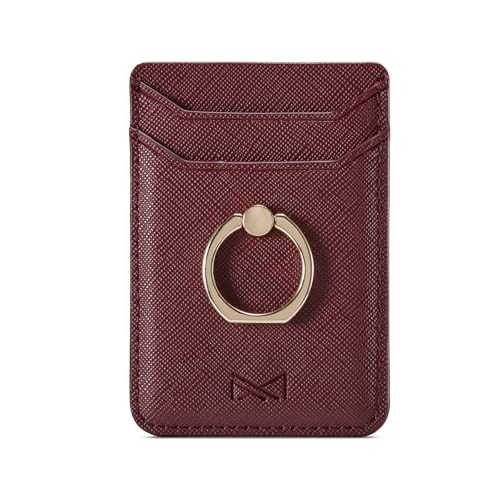 Card Holder Sleeve with Ring, RFID Credit Wallet PU Leather Stick On Back Grip for iPhone Samsung Smartphone - Burgundy - color: Burgundy