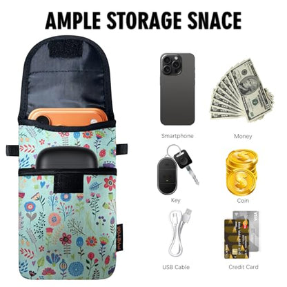 Neoprene Phone Sleeve Pouch Case Bag for Men Women w/Crossbody Strap/Neck Lanyard for iPhone 17/16/15/14 Pro Max, Samsung S25，Pixel 10 - color: Green Flower Cell Phone Sleeves