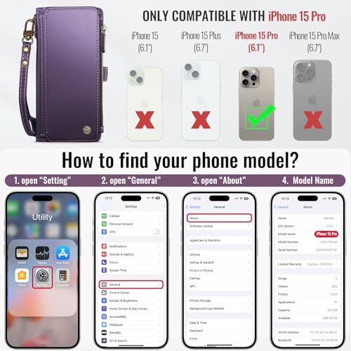 Defencase for iPhone 15 Pro Wallet Case with RFID Card Holder, Purple | Durable Soft PU Leather, with Zipper Pocket, Wrist Strap, Fashion Snap Flip Phone Cases Cover with Stand for Women and Men - color: Purple