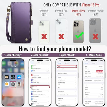 Defencase for iPhone 15 Pro Wallet Case with RFID Card Holder, Purple | Durable Soft PU Leather, with Zipper Pocket, Wrist Strap, Fashion Snap Flip Phone Cases Cover with Stand for Women and Men - color: Purple