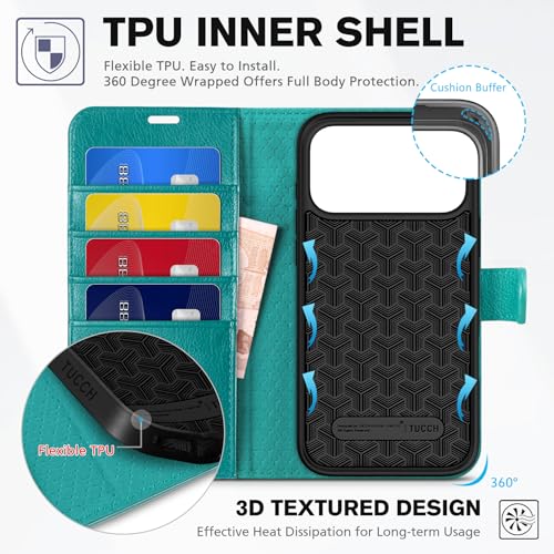 TUCCH Wallet Case for iPhone 17 Pro Max (6.9") 2025, 4 Card Slots, Cyan | RFID Blocking, Viewing Stand, Shockproof TPU Shell, PU Leather, Magnetic Closure, Protective Folio Flip Cover - color: Textured Cyan