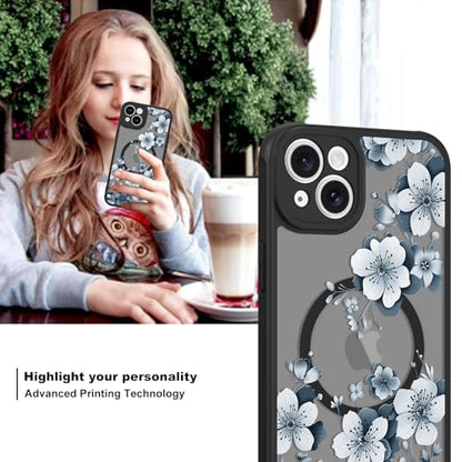 Magnetic for iPhone 14 Case,White Flower | [Compatible with MagSafe] Cute Fashion Translucent Matte Hard Back Shockproof Anti-Scratch Phone Case,Ink Flower - color: Ink Flower, size: iPhone 14