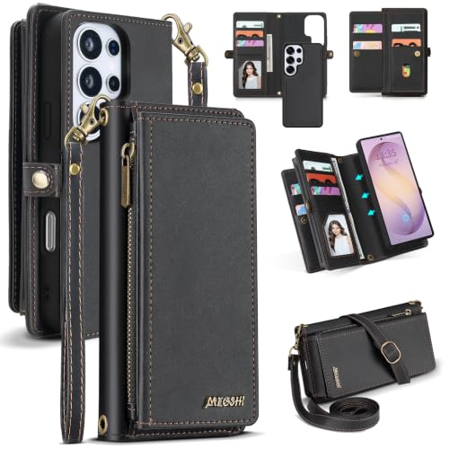 for Samsumg Galaxy S25 Ultra Wallet Case, Detachable Magnetic Shockproof Phone Case,Faux Leather Crossbody Wallet,with RFID Blocking，Zipper Card Holder，Shoulder Strap (Black) - color: Black, size: Samsumg Galaxy S25 Ultra