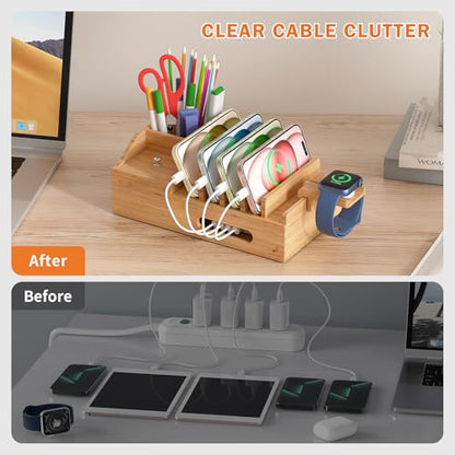 Bamboo Charging Station for Multiple Devices with USB Charger, 5 Cables - color: Style 2