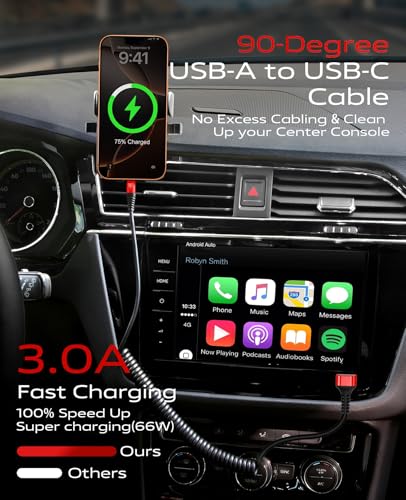 90 Degree USB A to USB C Cable, Coiled, 3FT&6FT USB C Cable for Car-Red - color: Red, size: 3FT+6FT