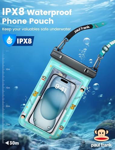Paul Frank Waterproof Phone Pouch Floating, 2 Pack IPX8 Waterproof Phone Case with Lanyard for iPhone 17 16 15 14 Pro Max Galaxy S25 S24, Cellphone Dry Bag Beach Cruise Ship Essentials(up to 8.5") - color: Black&Green
