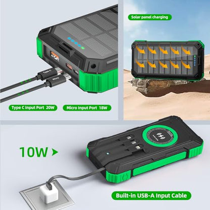Solar Charger Power Bank 49800mAh Wireless Portable Phone Charger, 22.5W QC3.0 Fast Charging Built in 4 Cables with USB C 6 Outputs & 2 Inputs for All Cell Phone - color: Military Green