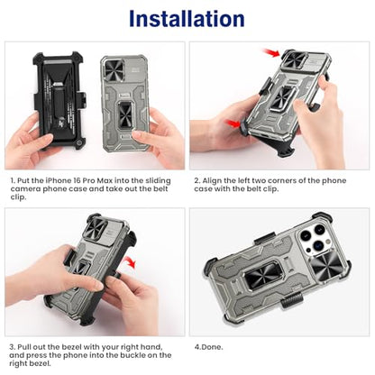 VEGO for iPhone 16 Pro Max Case with Belt Clip Holster and Kickstand | Slide Camera Lens Protector & Ring Kickstand Military Grade Heavy Duty Protection Cover for iPhone 16 ProMax - Titanium - color: Titanium