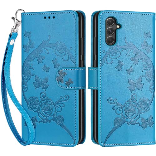 Wallet Case for Samsung Galaxy A54 5G, Blue Flower | Women Flip Folio Cover, Embossed PU Leather, Stand, Credit Card Holders Slots, Wrist Strap - color: 5