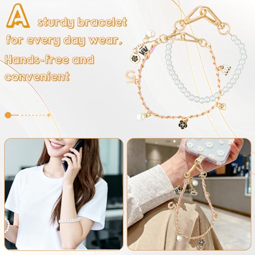 2 Pcs Phone Charm Wrist Strap with Tether Tab, Double Anti Lost Pearl Beaded Wrist Lanyard with Flower, Detachable Leather Metal Phone Charms for Bag, Key Chains, Camera Decor