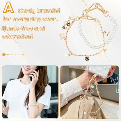 2 Pcs Phone Charm Wrist Strap with Tether Tab, Double Anti Lost Pearl Beaded Wrist Lanyard with Flower, Detachable Leather Metal Phone Charms for Bag, Key Chains, Camera Decor