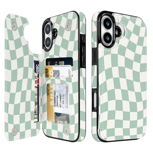 Compatible with iPhone 16 Case Wallet with Card Holder, Flip PU Leather Built-in Card Slots, Kickstand and Shockproof Case for iPhone 16 6.1 inch (Green Checkerboard) - color: Green Checkerboard, size: iPhone 16 6.1 inch