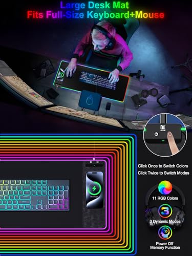 Mouse Pad with Wireless Charging, Large Desk Mat RGB Gaming Mousepad, 10 Light Colors LED Gaming Pad Keyboard Pad with Ultra-Smooth Surface & Non-Slip Rubber Base, Waterproof Full Desk Mouse Pad - color: 31.5x11.81"-Black Right w/PD Charger