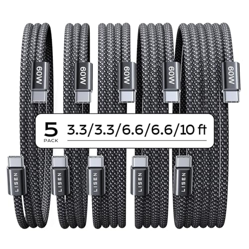 LISEN USB C to USB C Cable, 5-Pack [3.3/3.3/6.6/6.6/10FT] 60W Fast Charging - color: Black, size: 3.3+3.3+6.6+6.6+10FT