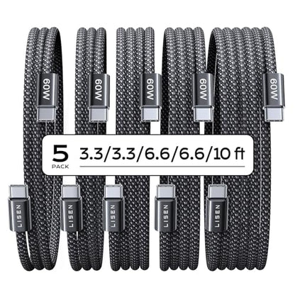 LISEN USB C to USB C Cable, 5-Pack [3.3/3.3/6.6/6.6/10FT] 60W Fast Charging - color: Black, size: 3.3+3.3+6.6+6.6+10FT