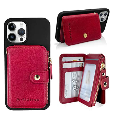 RFID Blocking Phone Wallet Stick On Button Closure with Attachable Sticker | Credit Card Holder for Women with Zipper Coin Purse Have 6 Card Slots and ID Window Compatible with Most Smartphones) (Red) - color: Red