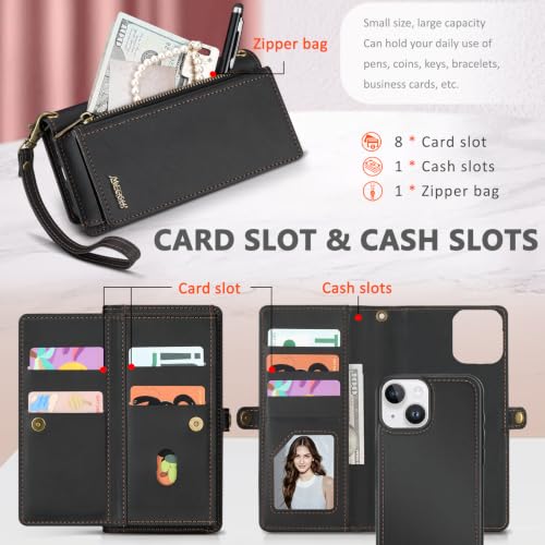 for iPhone 15 Wallet Case, Detachable Magnetic Shockproof Phone Case,Faux Leather Crossbody Wallet,with RFID Blocking，Zipper Card Holder，Shoulder Strap (Black) - color: Black, size: iPhone 15
