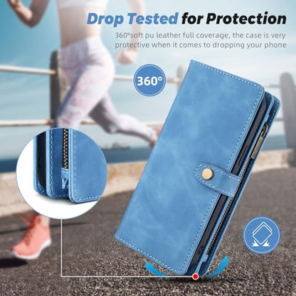 TwoHead for iPhone 11 Wallet case with 11 Card Holder (Sky Blue) | Detachable Magnetic Phone Case, PU Leather Wallet for Women/Men,Wireless Charging Compatible,with Wrist Strap - color: Sky Blue