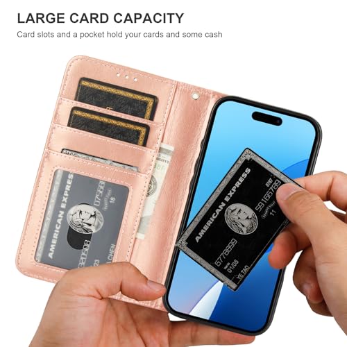 Bocasal Detachable Wallet Case Card Holder for iPhone 16, Rose Gold | RFID Blocking Kickstand Card Slots Holder PU Leather Magnetic Shockproof Wrist Strap Removable Flip Protective Cover 6.1 inch - color: Rose Gold