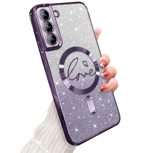 ZONRW for Samsung Galaxy S22 Case Magnetic,for Women Girl Soft Cute Luxury Love Heart Plating Bling Gradient Glitter Phone Case Compatible with MagSafe Clear Shockproof Back Cover 6.1”-Purple - color: Purple, size: Samsung Galaxy S22