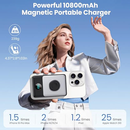 Magnetic Portable Charger for iPhone 18/17/16,10800mAh Power Bank with Built-in Cables & LCD Display,25W PD Fast Charging Battery Pack for iPhone 18 Pro/18 Pro Max/17/16/15/14/13/12 Series,Apple Watch