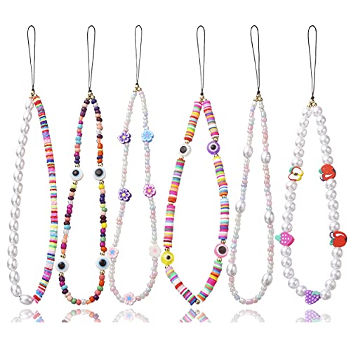 6PCS Beaded Phone Charms Strap Fruit Star Faux Pearl Rainbow Beads Phone Chains Beaded Lanyard for Camera Key Wallet Valentines Day Gifts for Her Women - style: Style6-4