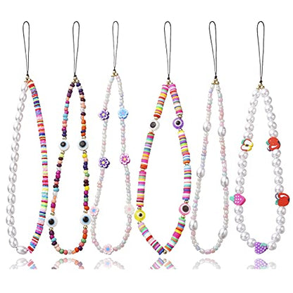 6PCS Beaded Phone Charms Strap Fruit Star Faux Pearl Rainbow Beads Phone Chains Beaded Lanyard for Camera Key Wallet Valentines Day Gifts for Her Women - style: Style6-4