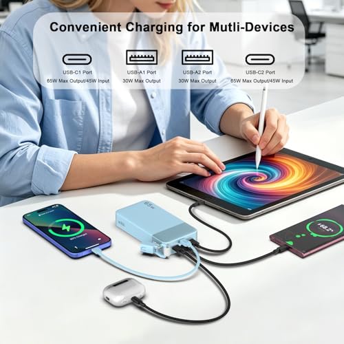 NOBIS Portable Charger 20000mAh 65W Power Bank w/Detachable Cable - color: Blue