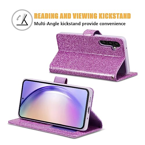 QLTYPRI Case for Samsung Galaxy A16 4G/5G, Bling Shiny Glitter Flip Folio Case Full-Body Protective Cover Card Slots Magnetic Closure Kickstand Wrist Strap for Women Girls A16 Case - Purple