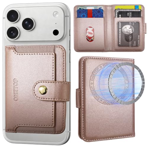 ONETOP for MagSafe Wallet,Magnetic Phone Wallet with 5 Card Slots,RoseGold | 1-12 Cards/Cash Holder for iPhone 17/16/15/14/13/12 Series,Detachable Wallet Stick-On Back,PU Leather RFID Blocking Kickstand - color: Rose Gold